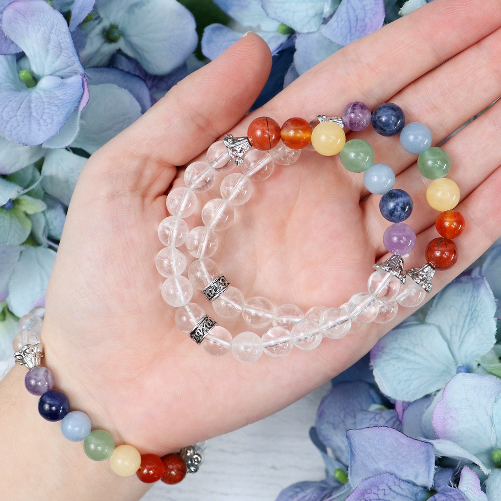 Nupuyai 7 Chakras Bead Bracelet - 4mm Double Layer Healing Crystal Bracelet, Adjustable Macrame, Rose Quartz Druzy Stone