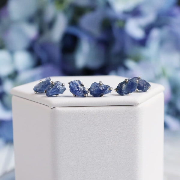 Raw Blue Sapphire Gemstone Prong Earrings