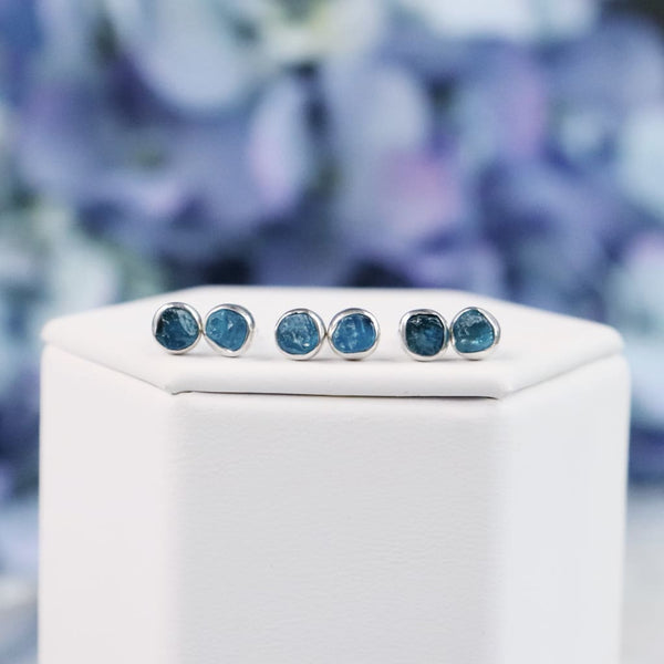 Raw Blue Apatite Gemstone Bezel Earrings