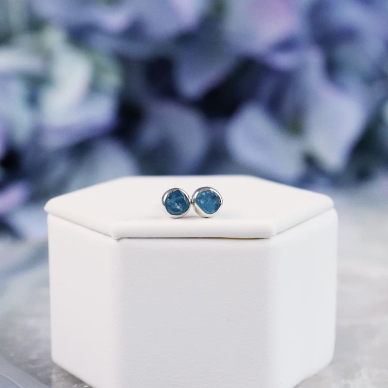Raw Blue Apatite Gemstone Bezel Earrings