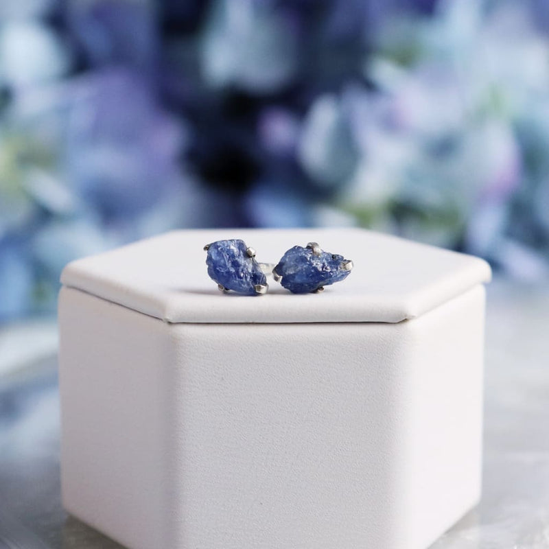 Raw Blue Sapphire Gemstone Prong Earrings
