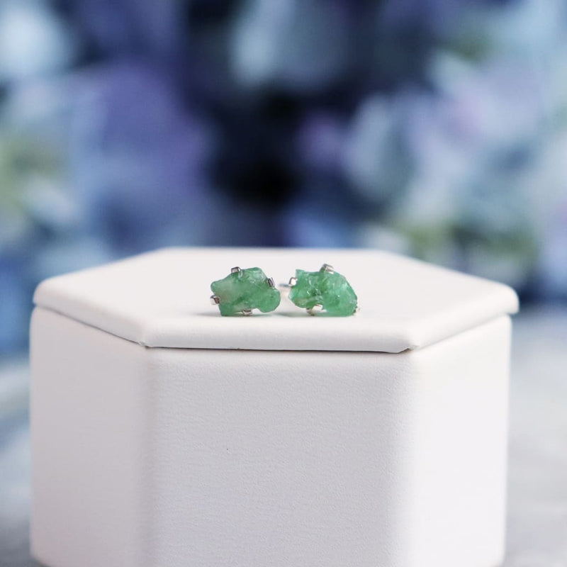 Raw Emerald Gemstone Prong Earrings