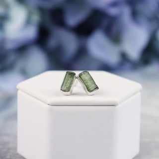 Raw Green Tourmaline Gemstone Bezel Earrings